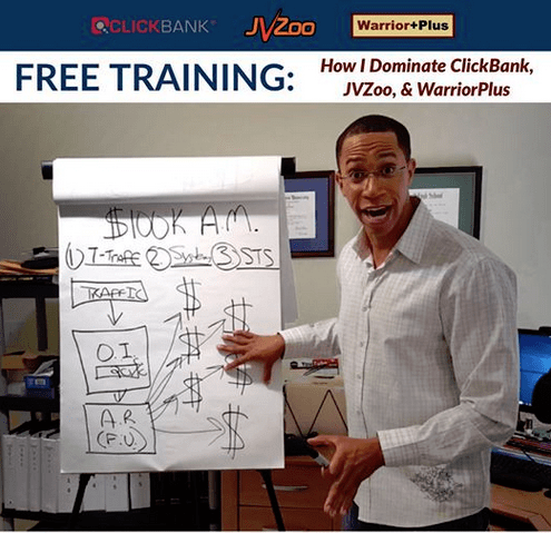 A man stands in front of a whiteboard with the words "free training" promoting daily commissions.