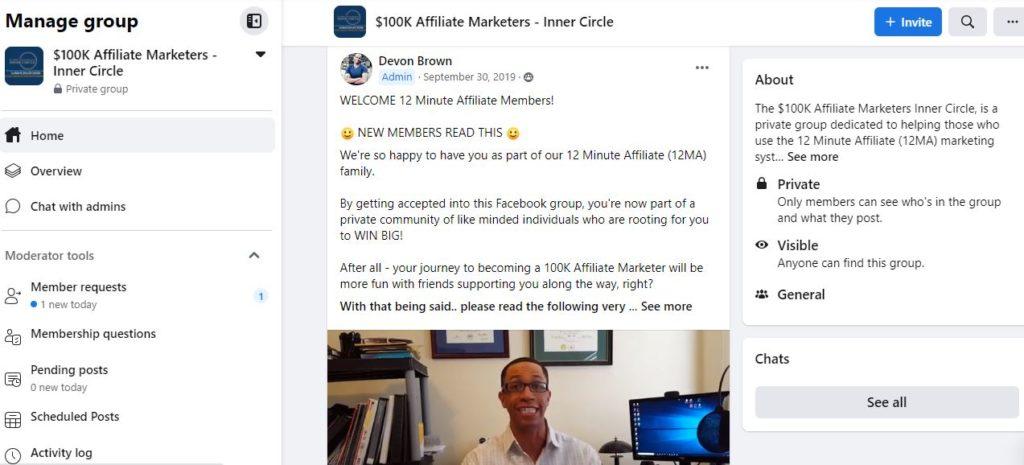 A screen shot of a Facebook page displaying a group of people engaged in the 12 MINUTE AFFILIATE community.