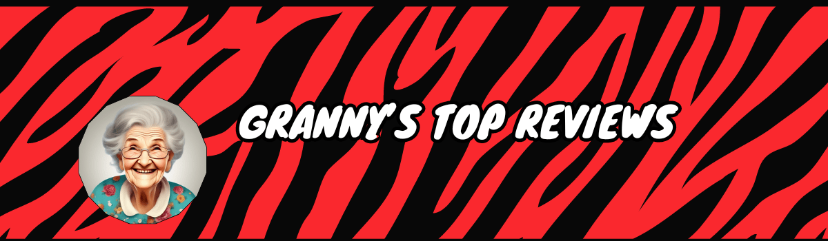 Banner with the text "granny's top reviews" in bold white letters on a red and black zebra stripe background, featuring a smiling elderly woman's face in a circular frame on the right.